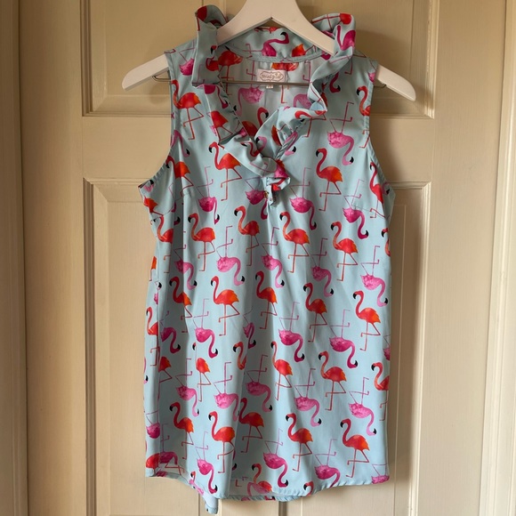 Mud pie Flamingo Top Blouse Sleeveless Ruffle - Picture 2 of 6